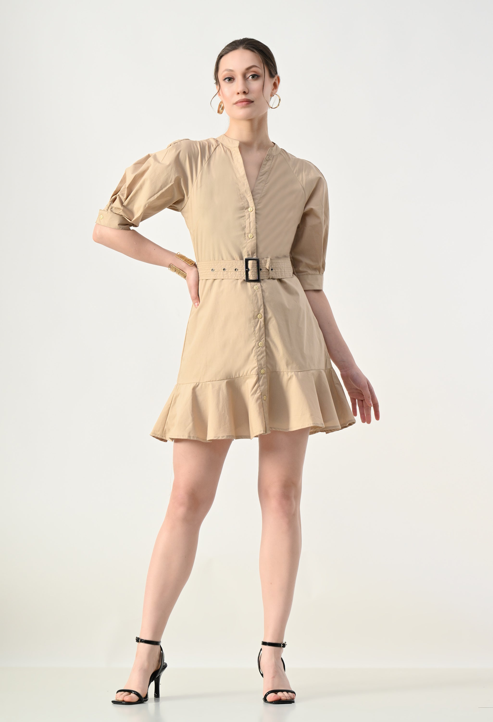 Structure Waist Shirt Dress Beige
