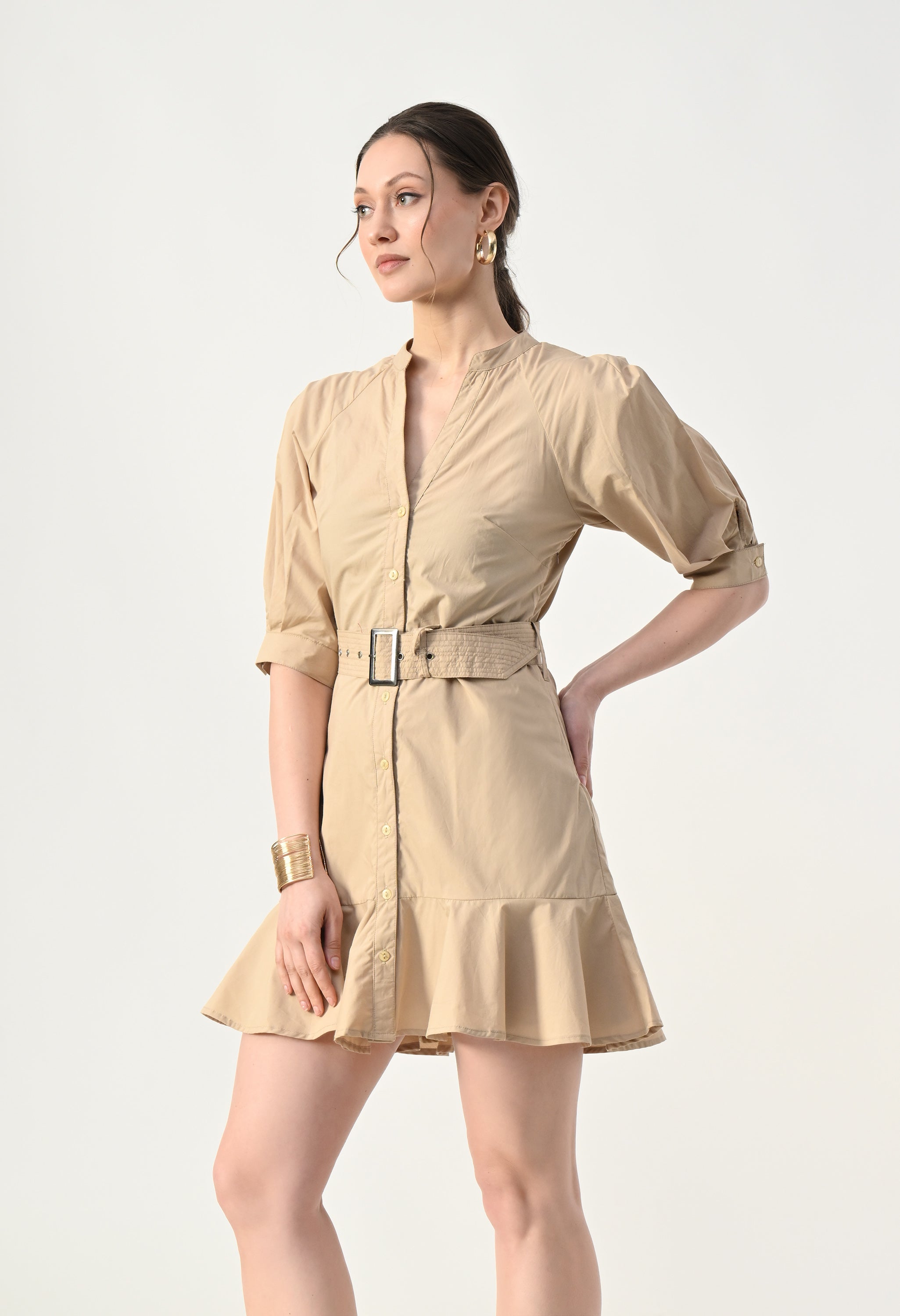 Structure Waist Shirt Dress Beige